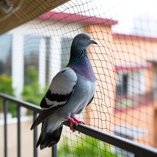 Balcony railing with fine anti-bird mesh protecting against pigeons