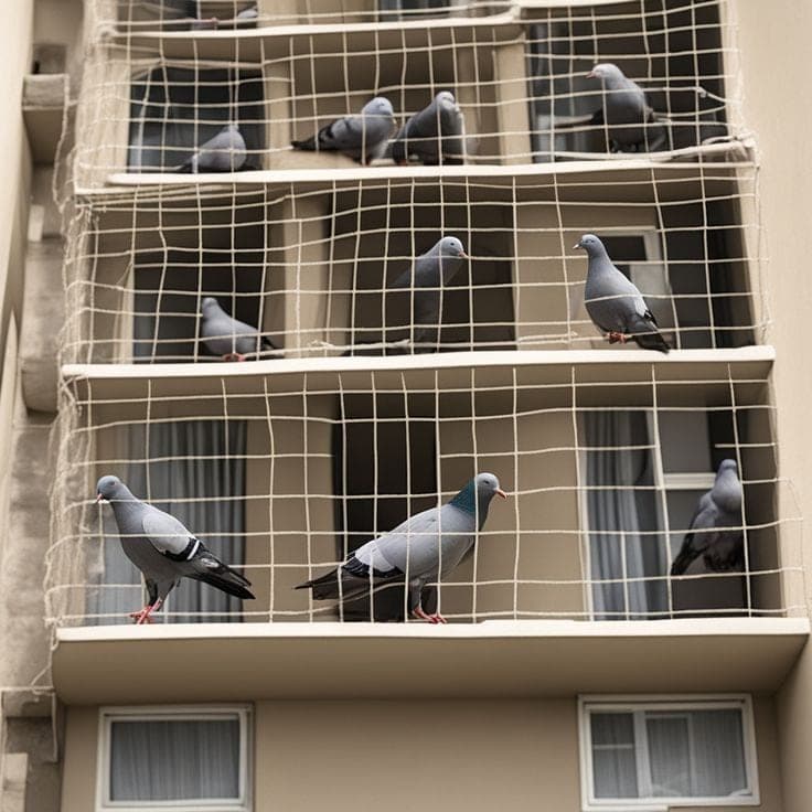 Pigeon exclusion netting structure installed across building apartment facade