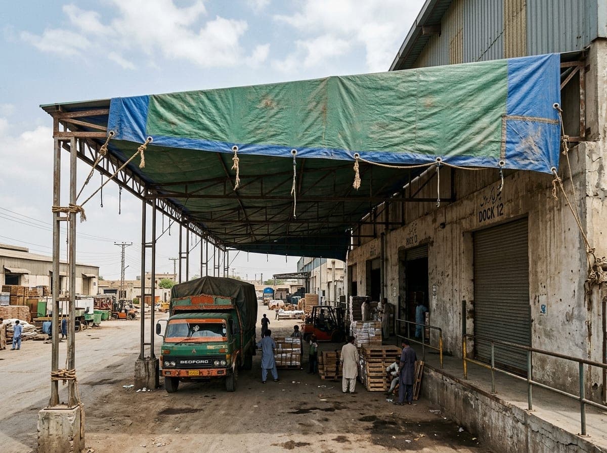 Heavy-duty waterproof tarpaulin canopy installed on commercial warehouse loading dock in Karachi