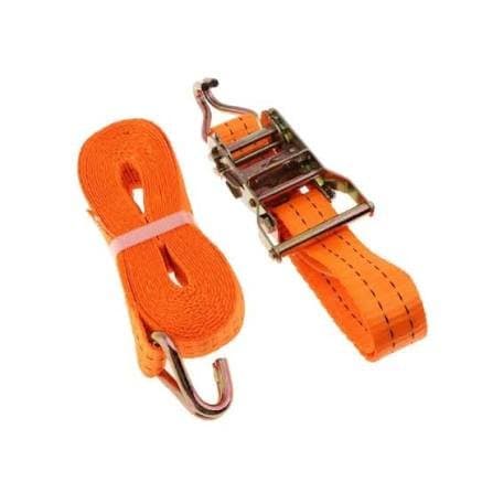 5 Ton 50mm ratchet cargo lashing tie-down belt with double J-hooks in Bohrapir Karachi warehouse