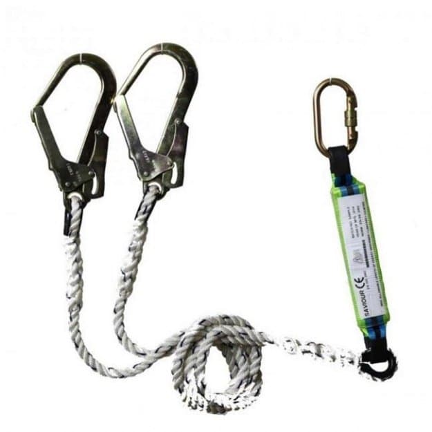 Shock-absorbing double lanyard with dual 55mm scaffold hooks in Tahira Syndicate Karachi warehouse